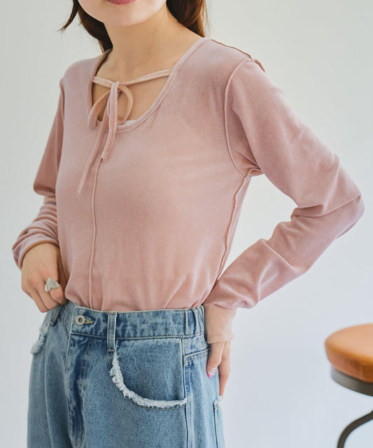 蝴蝶結開衩蕾絲T恤