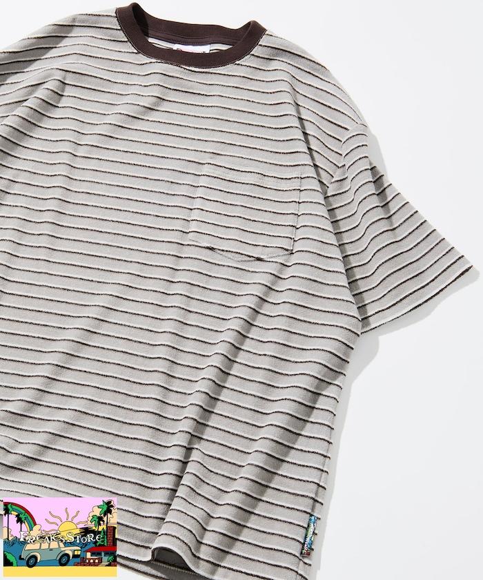 【海灘&節日】多色條紋毛巾 圓領 帶口袋T恤 短袖