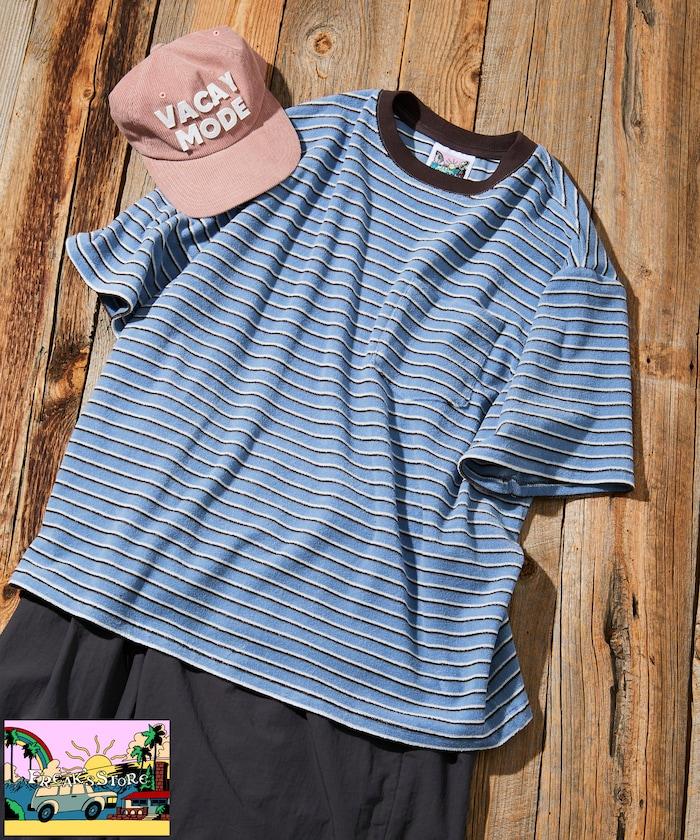 【海灘&節日】多色條紋毛巾 圓領 帶口袋T恤 短袖