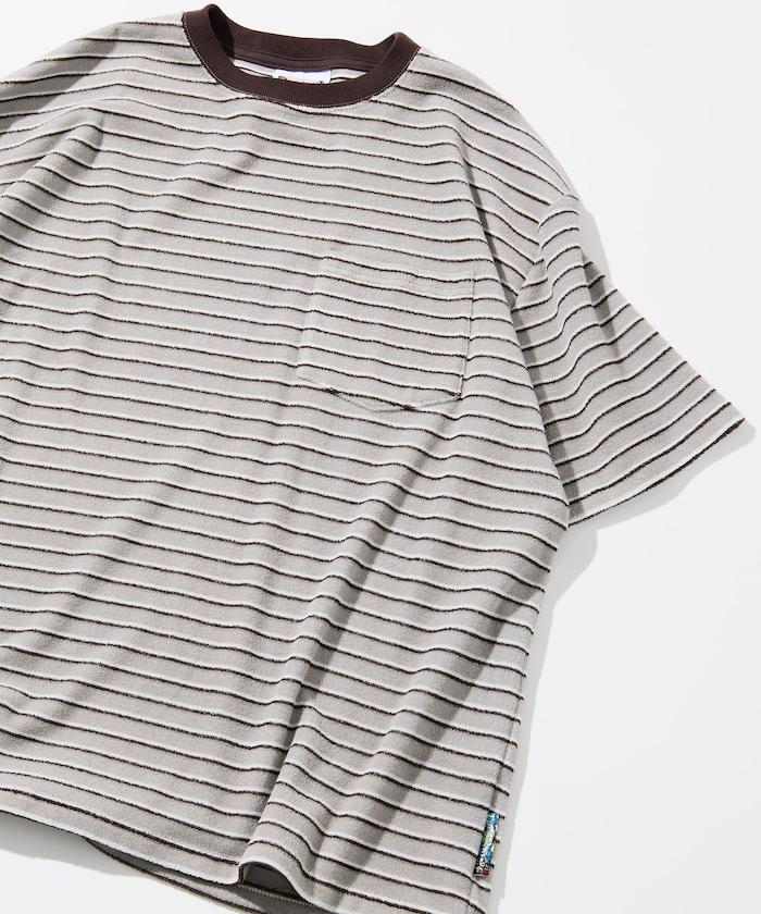 【海灘&節日】多色條紋毛巾 圓領 帶口袋T恤 短袖