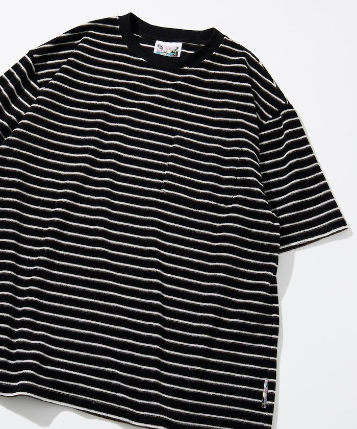 【海灘&節日】多色條紋毛巾 圓領 帶口袋T恤 短袖