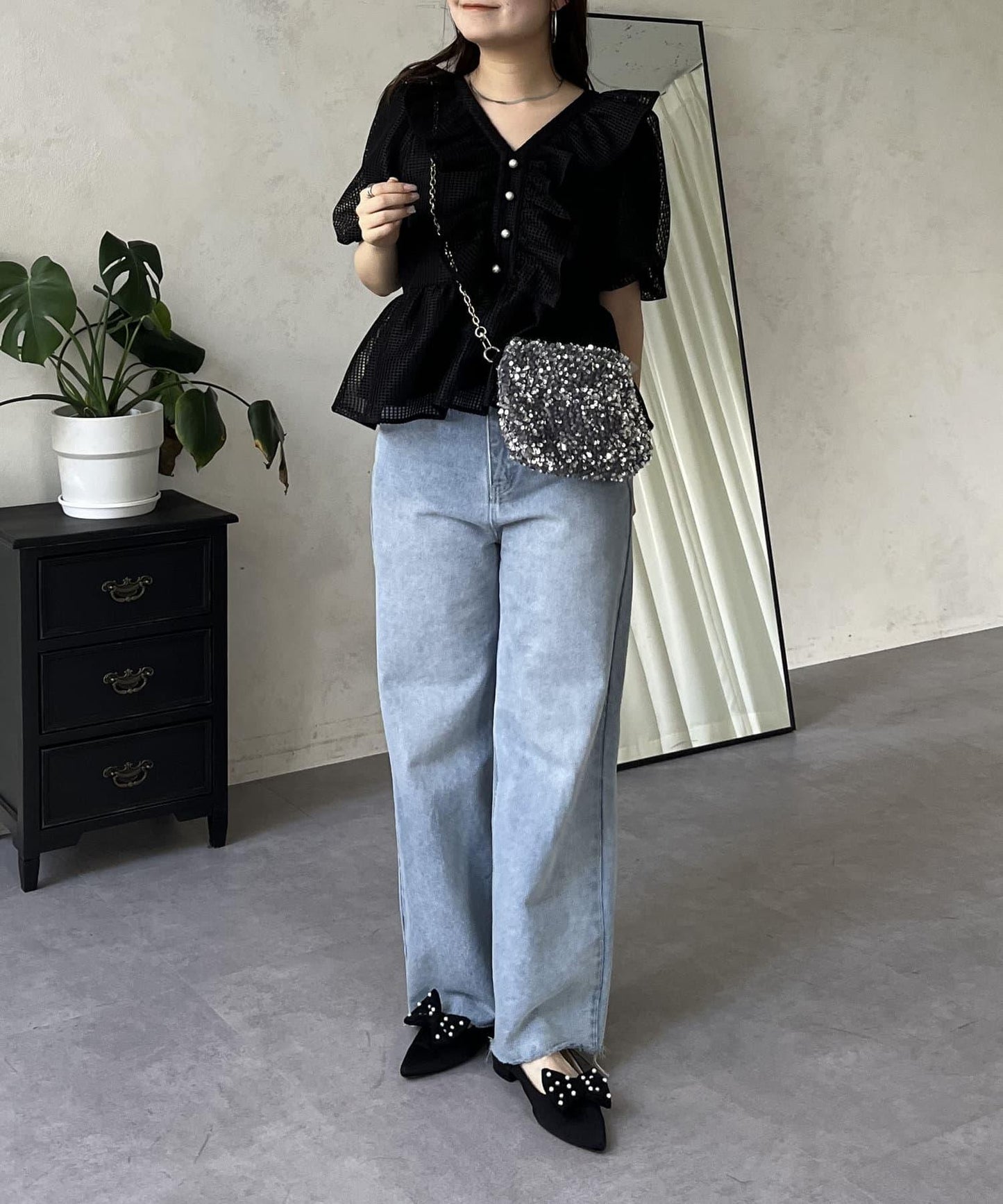 珍珠鈕釦網眷邊荷葉邊娃娃衫