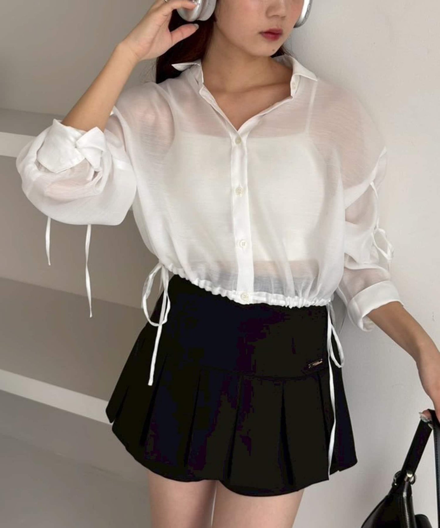 袖帶蝴蝶結透視襯衫