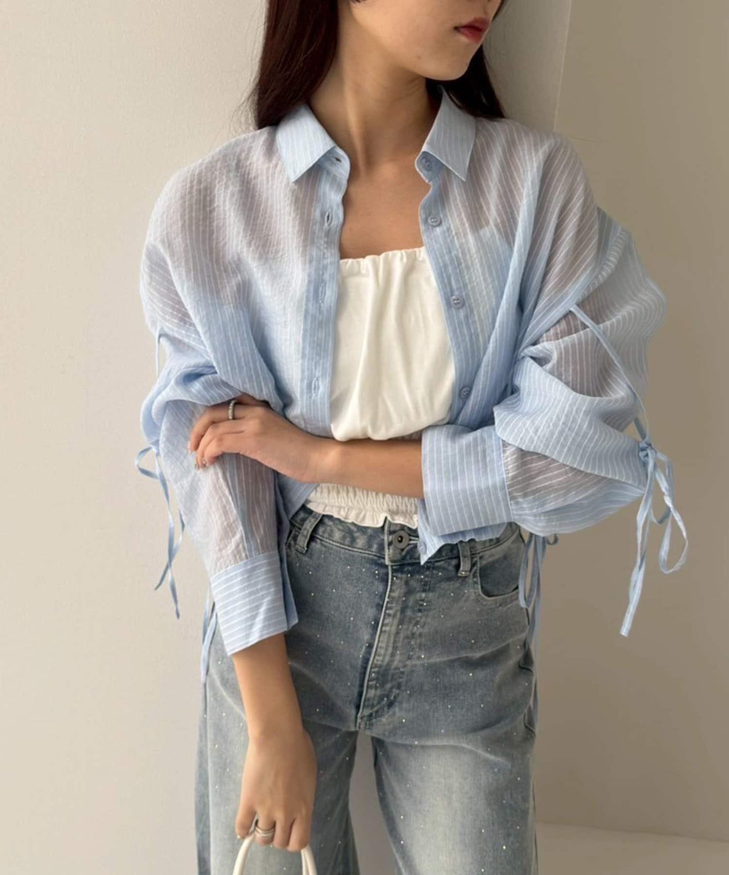 袖帶蝴蝶結透視襯衫
