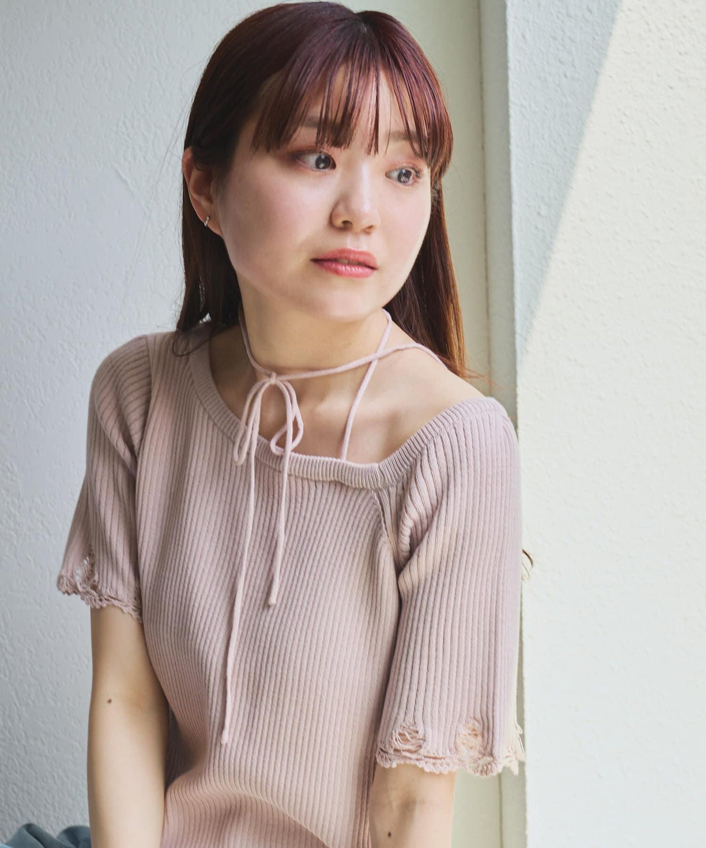 損傷鉤花半袖針織衫