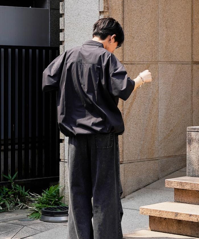 半袖繫帶格子襯衫