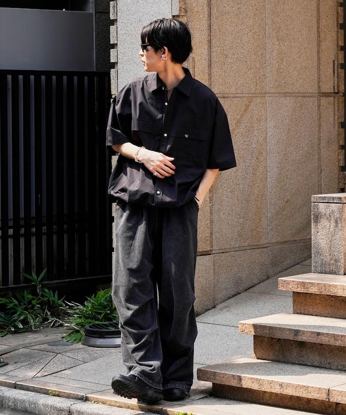 半袖繫帶格子襯衫