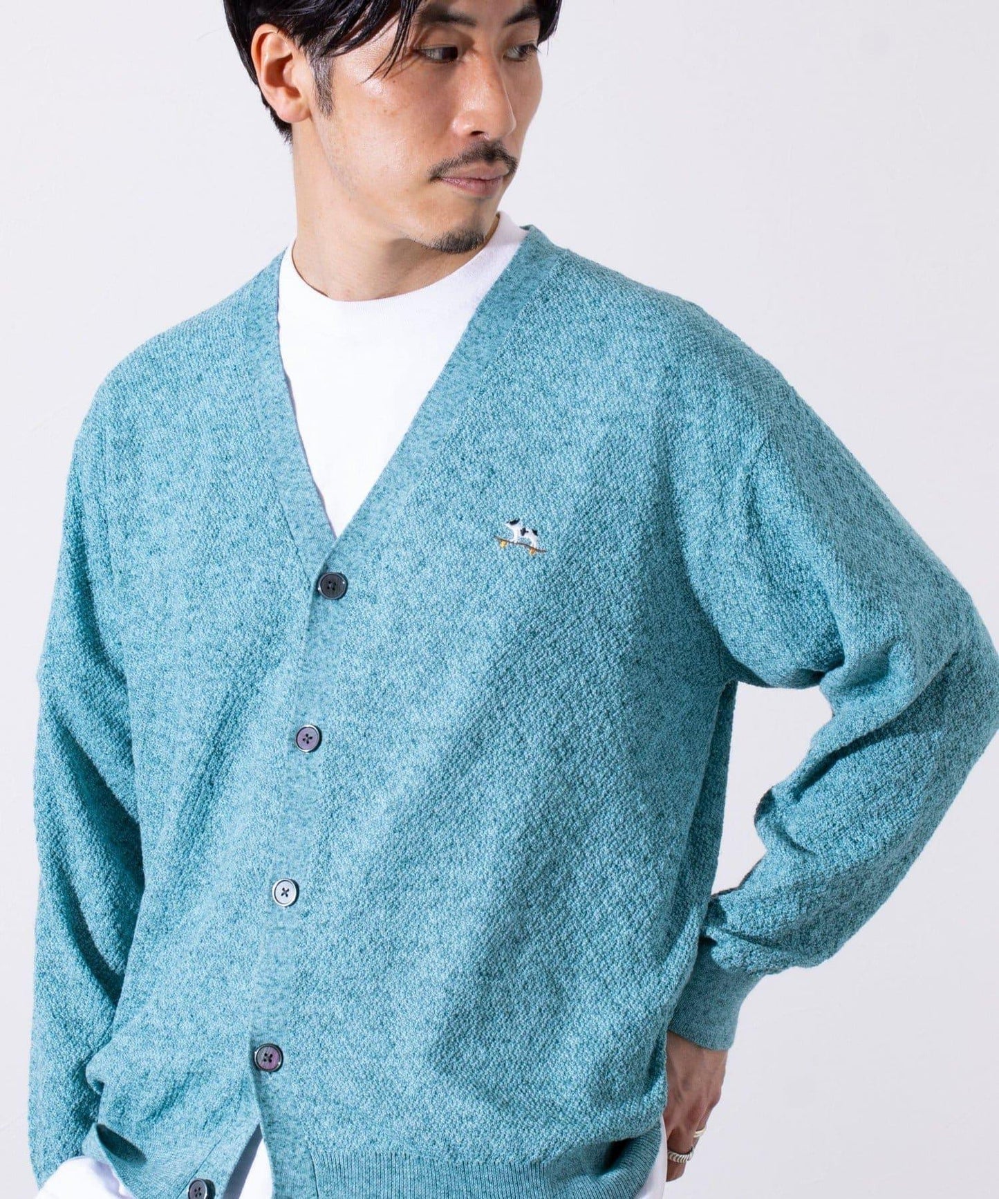 【GLOSTER】法國鬥牛犬刺繡 亞麻混紡 開衫 V領
