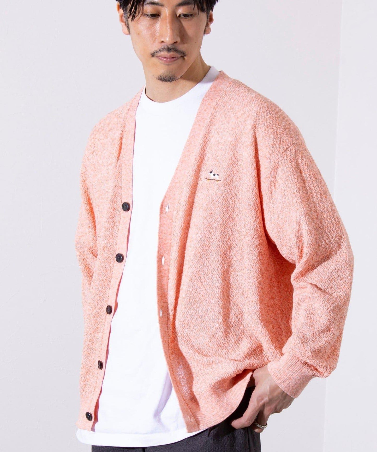 【GLOSTER】法國鬥牛犬刺繡 亞麻混紡 開衫 V領
