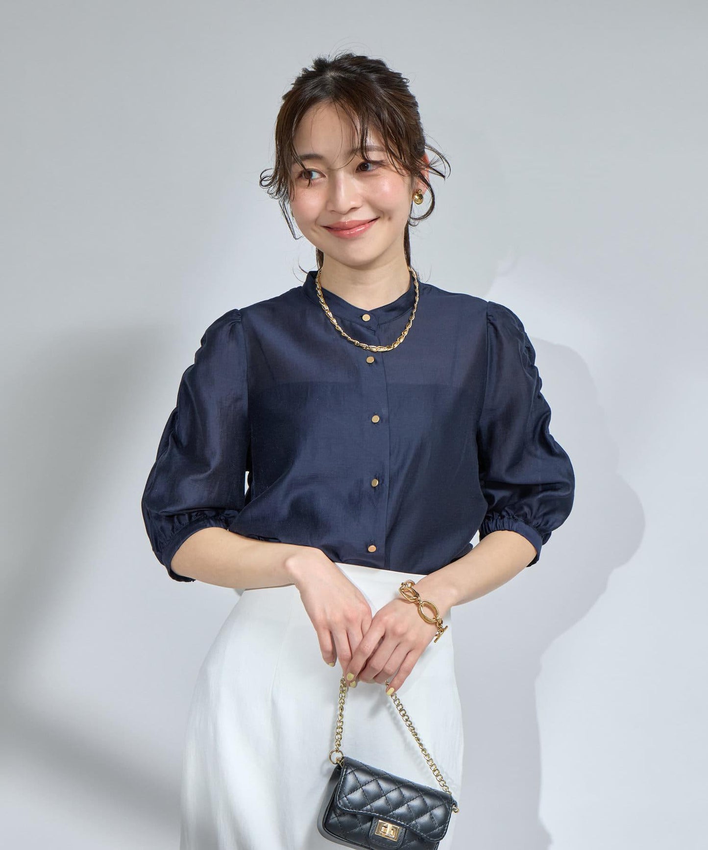 透視娃娃領五分袖襯衫
