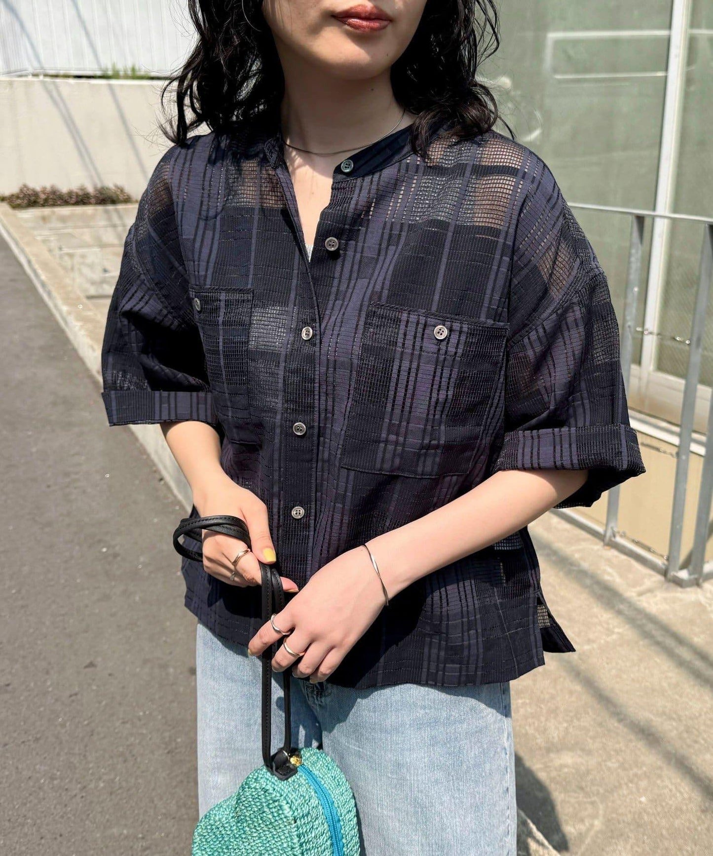 透視格紋短袖襯衫