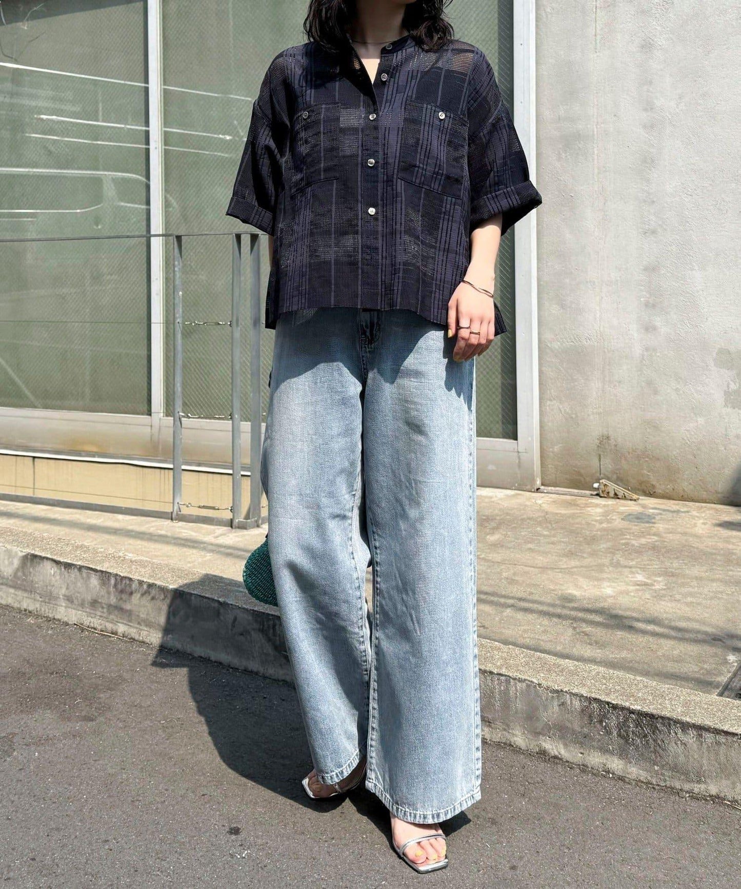 透視格紋短袖襯衫