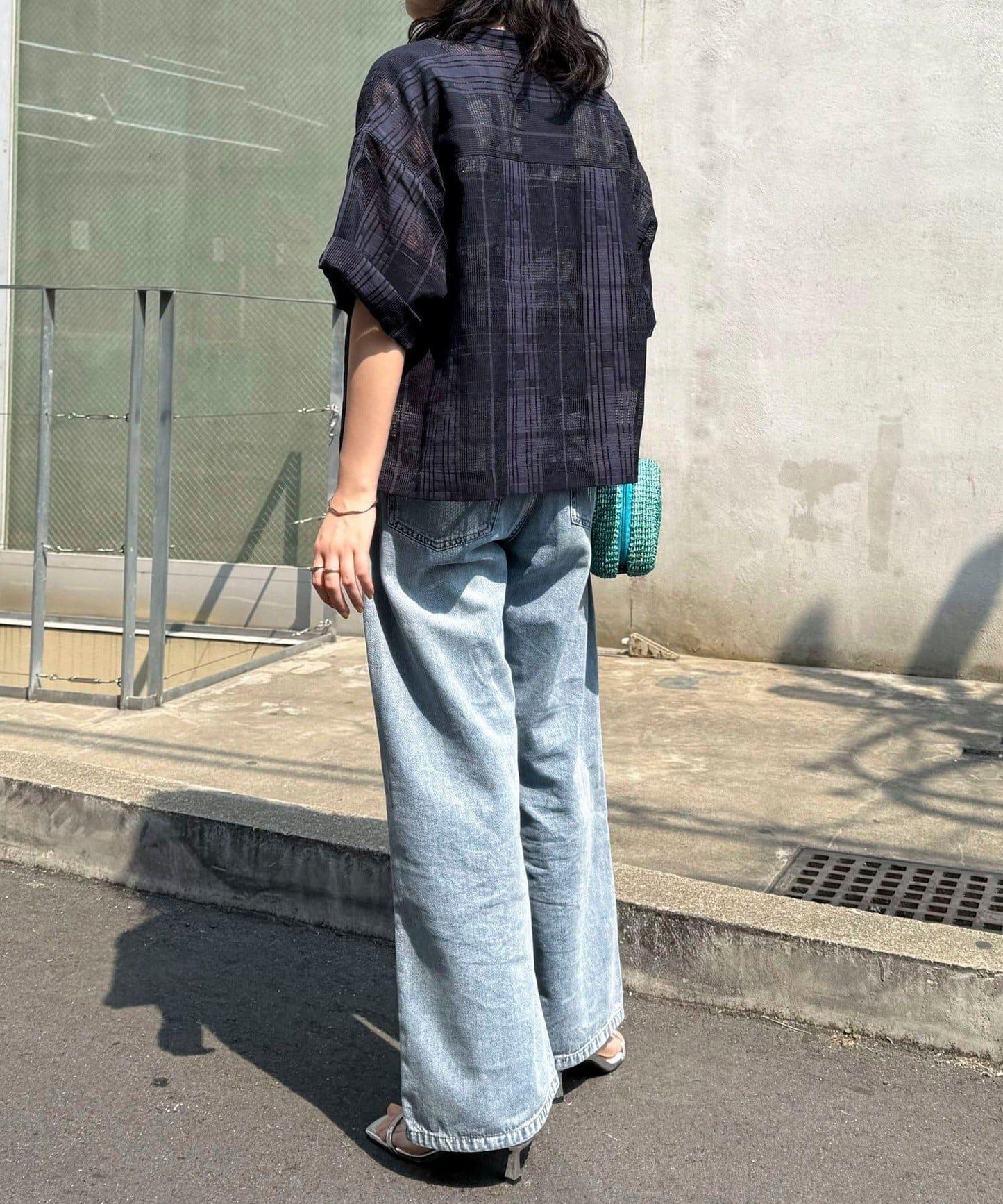 透視格紋短袖襯衫
