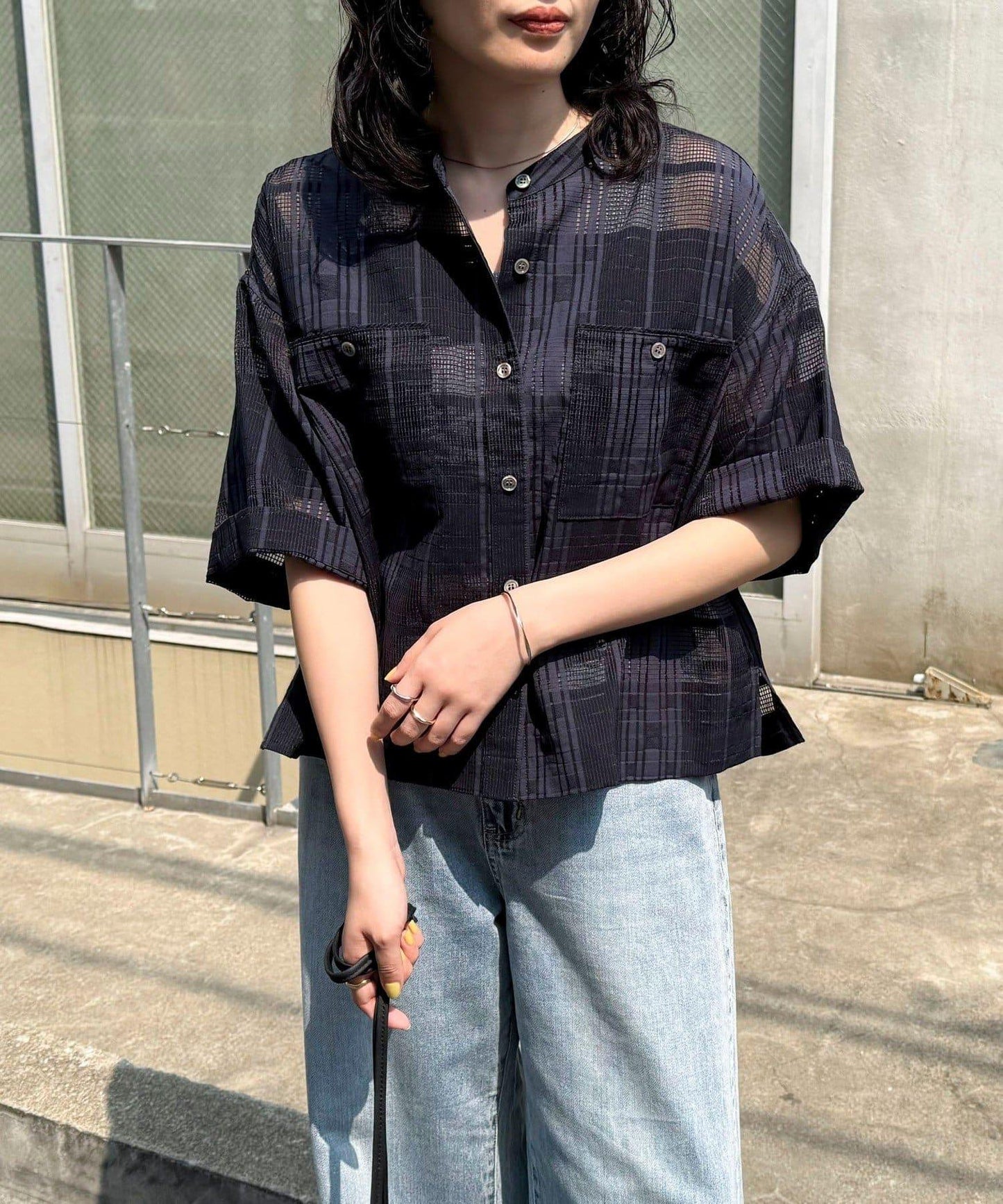 透視格紋短袖襯衫