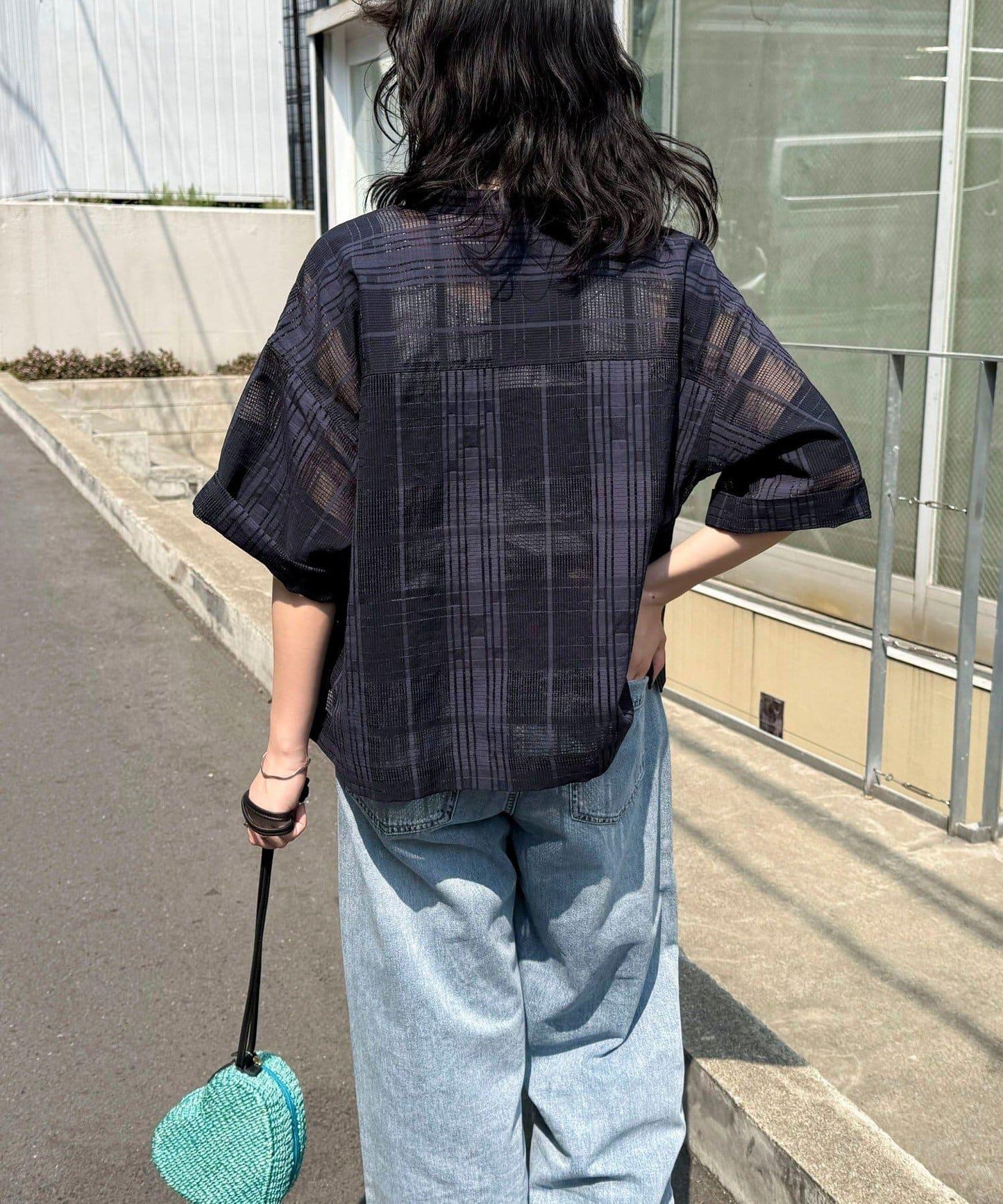 透視格紋短袖襯衫