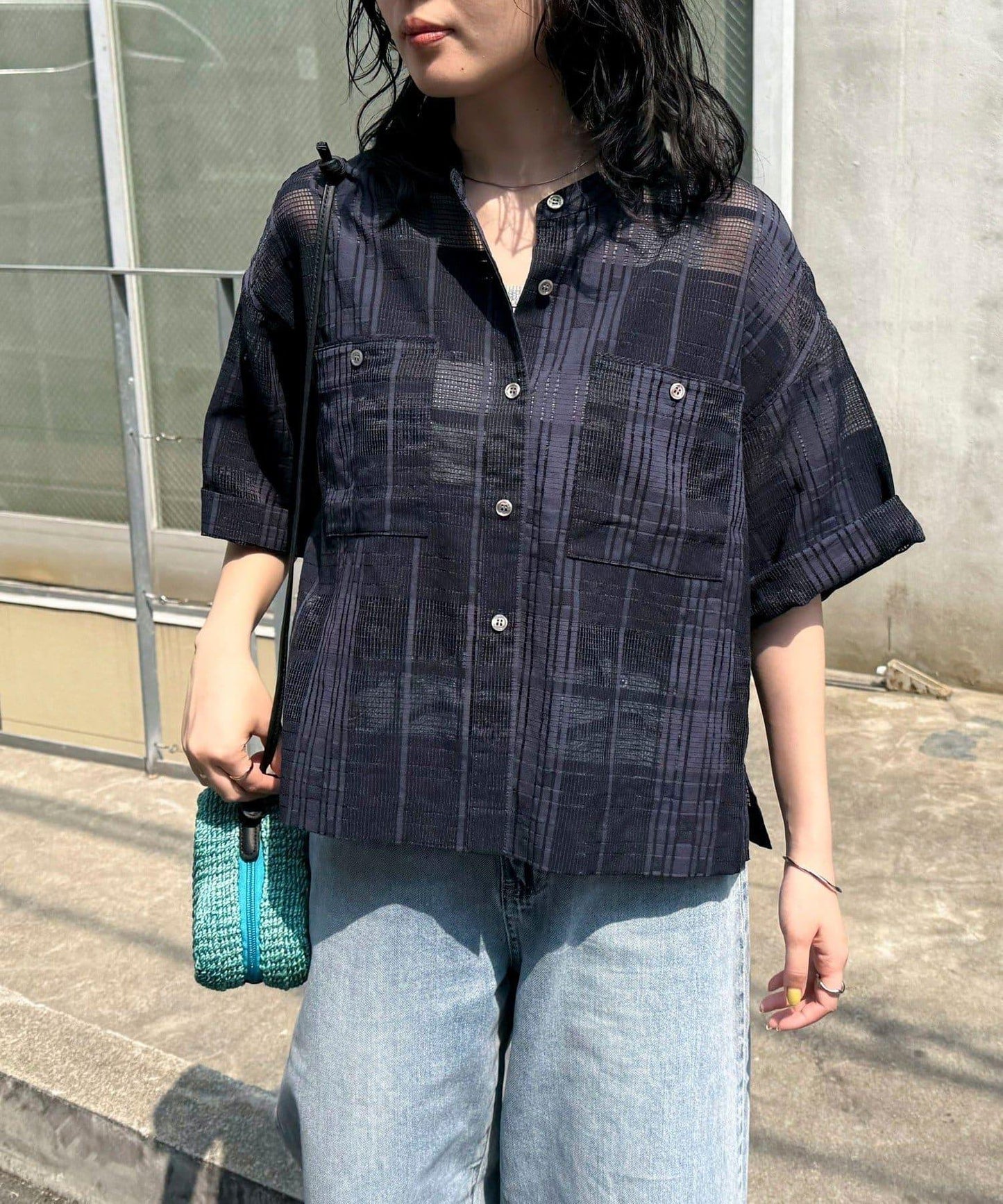透視格紋短袖襯衫