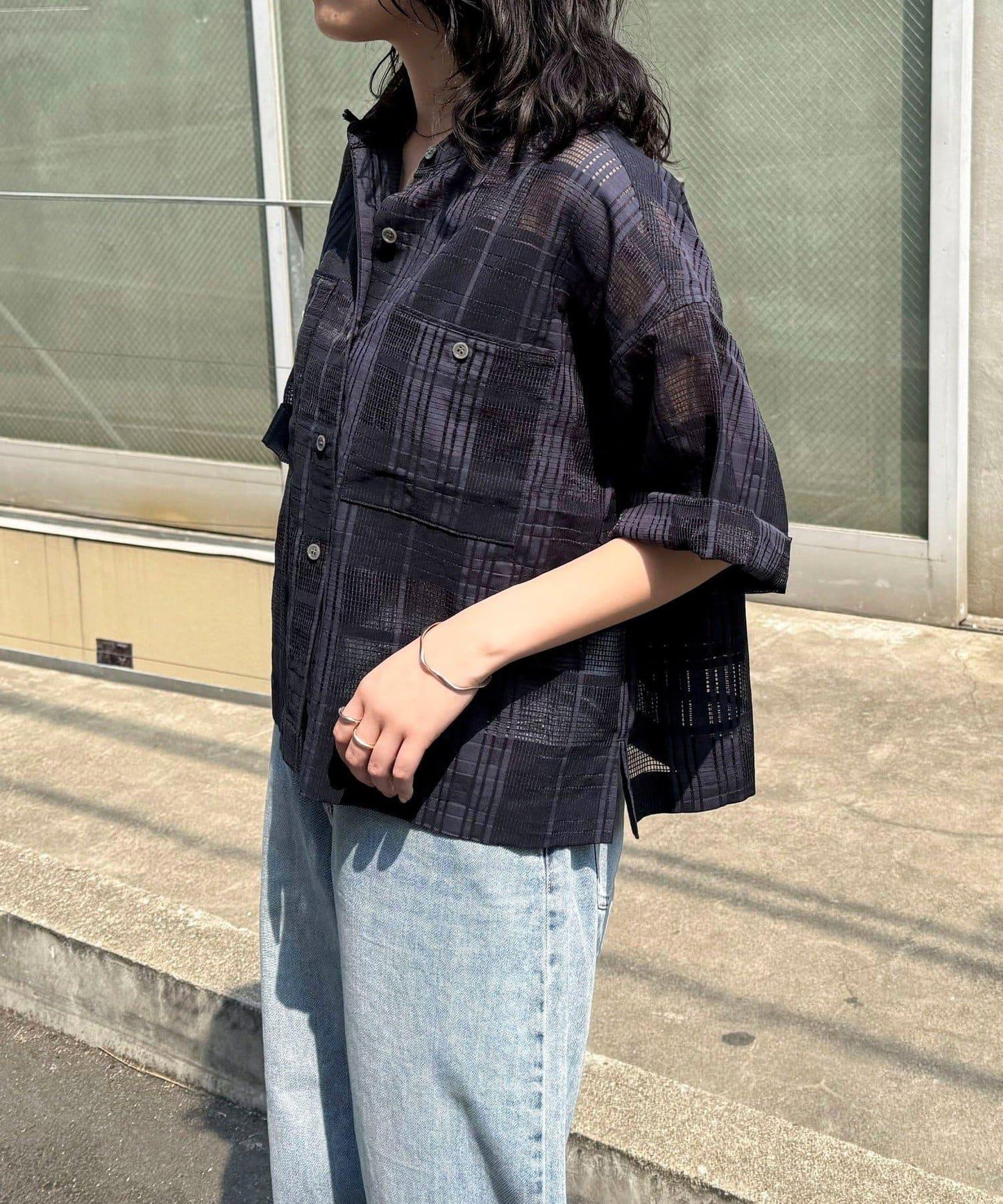 透視格紋短袖襯衫
