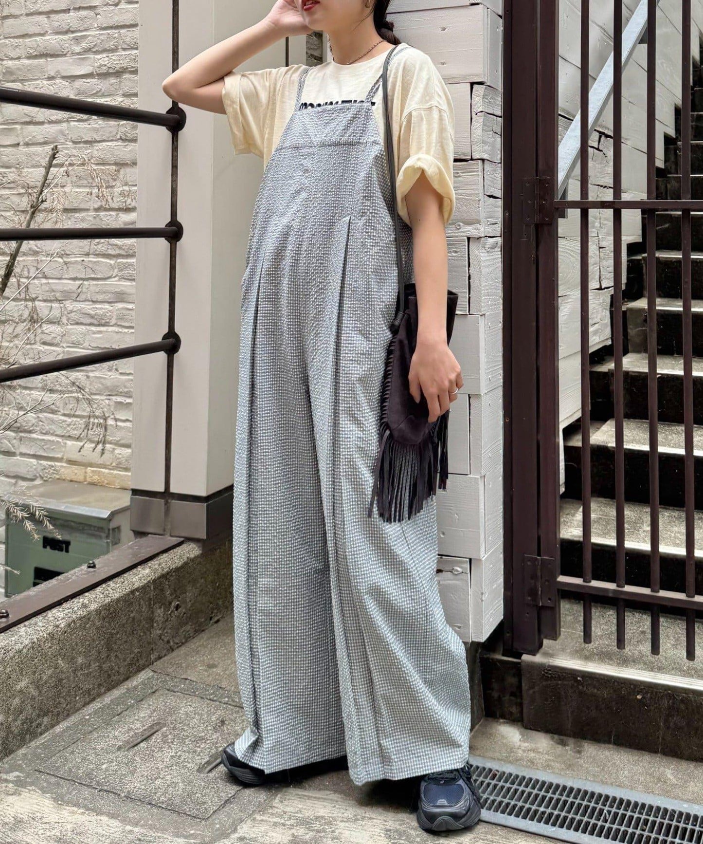 【帶背心】格紋足球工裝連體褲