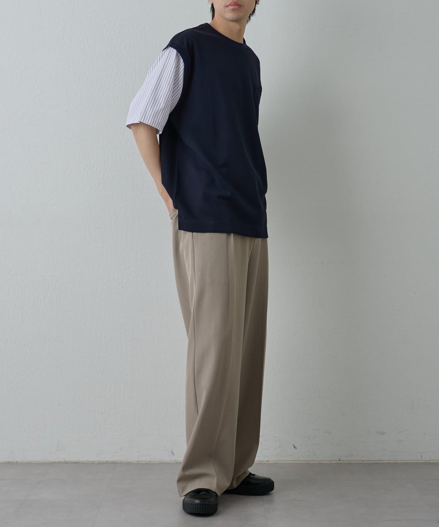 條紋袖切換短袖T恤