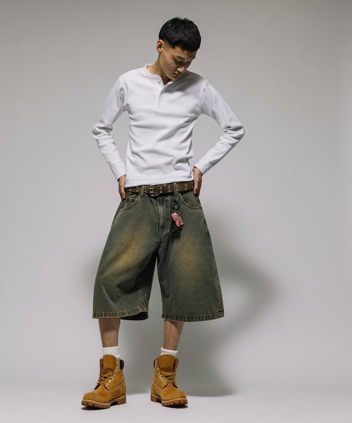 寬鬆剪裁 復古加工 曲線 牛仔褲 露腳 短褲