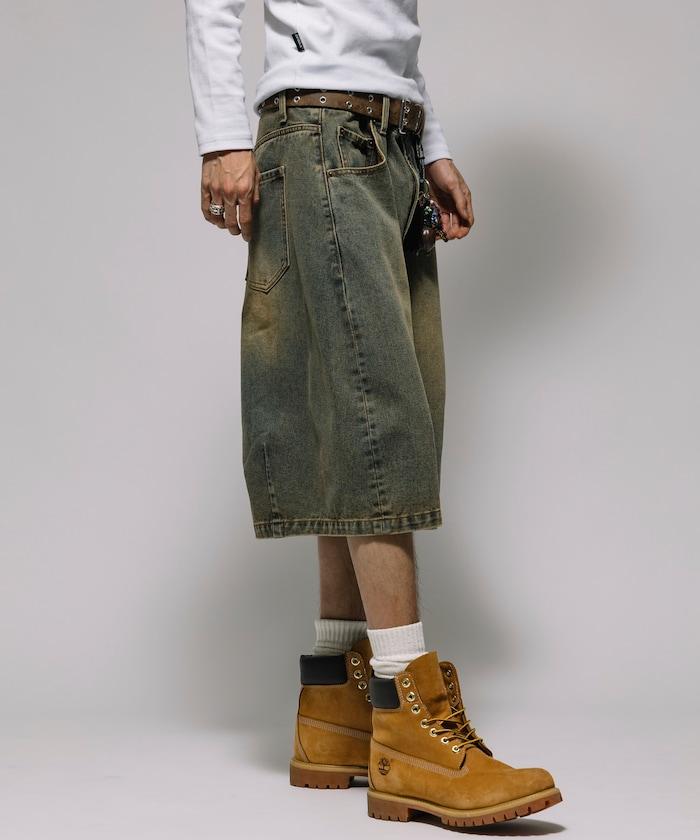 寬鬆剪裁 復古加工 曲線 牛仔褲 露腳 短褲