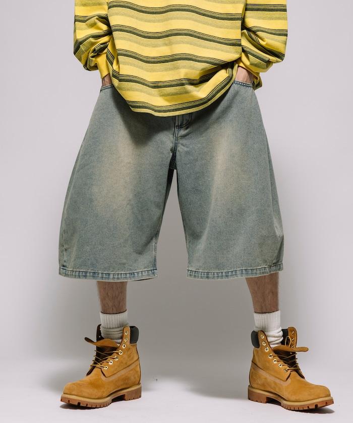 寬鬆剪裁 復古加工 曲線 牛仔褲 露腳 短褲