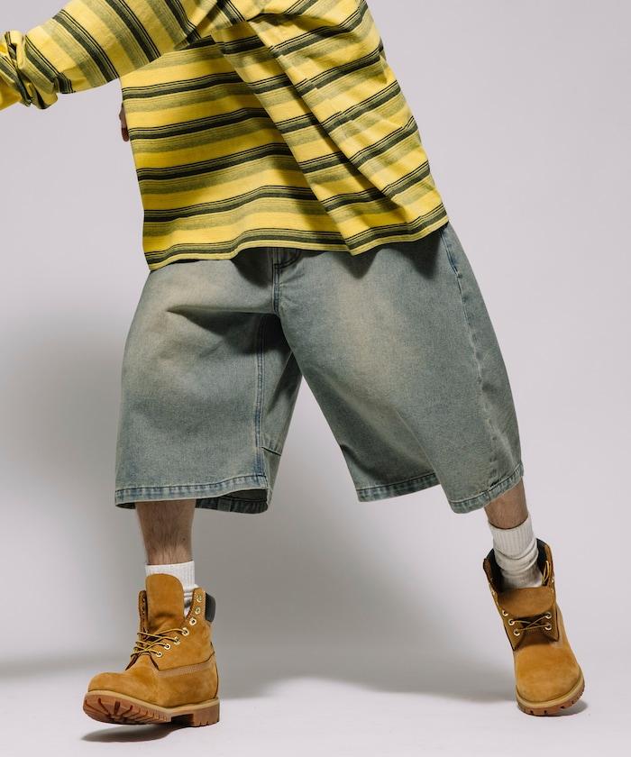 寬鬆剪裁 復古加工 曲線 牛仔褲 露腳 短褲