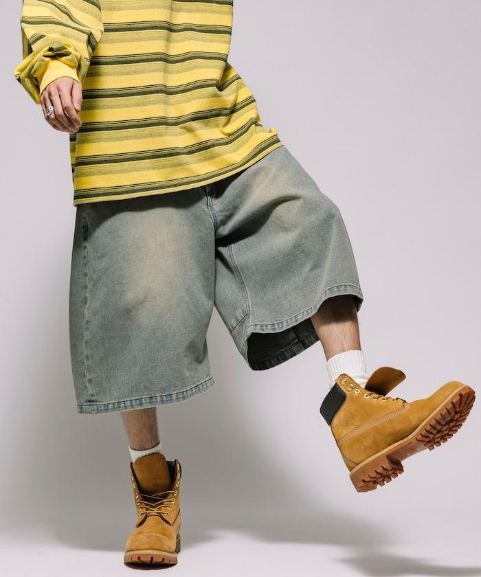 寬鬆剪裁 復古加工 曲線 牛仔褲 露腳 短褲