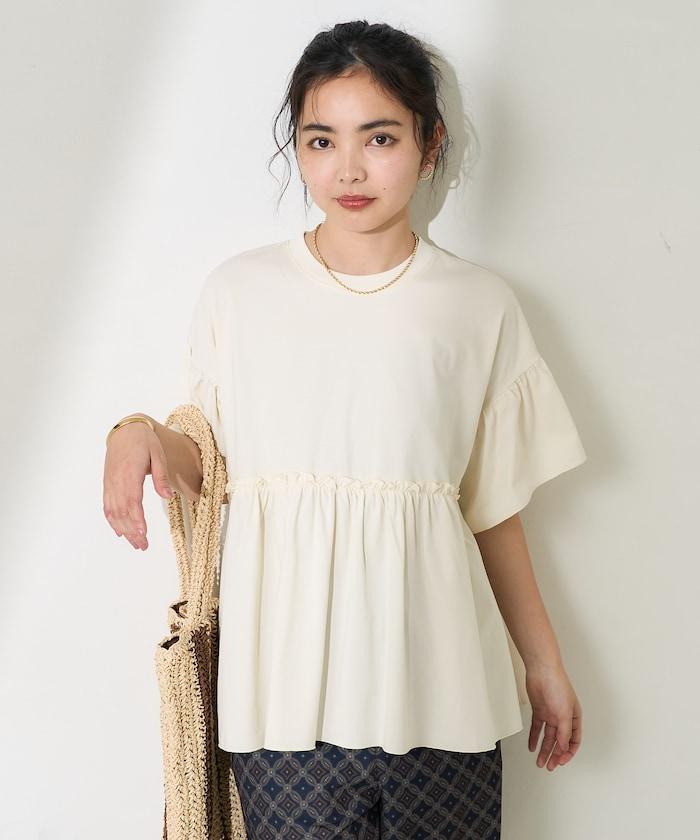 <防紫外線>多功能袖口荷葉邊短袖T恤/功能性材料拼接T恤