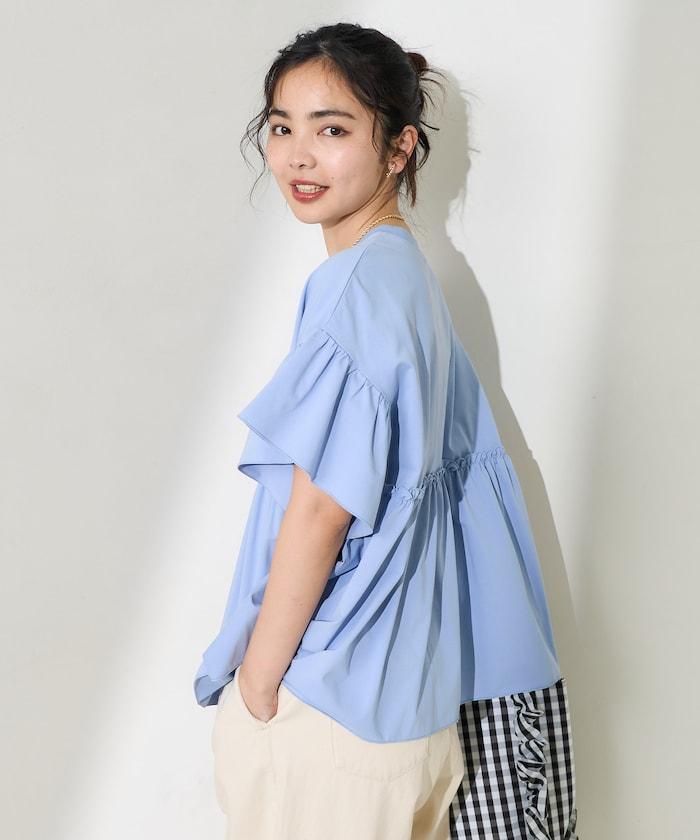 <防紫外線>多功能袖口荷葉邊短袖T恤/功能性材料拼接T恤