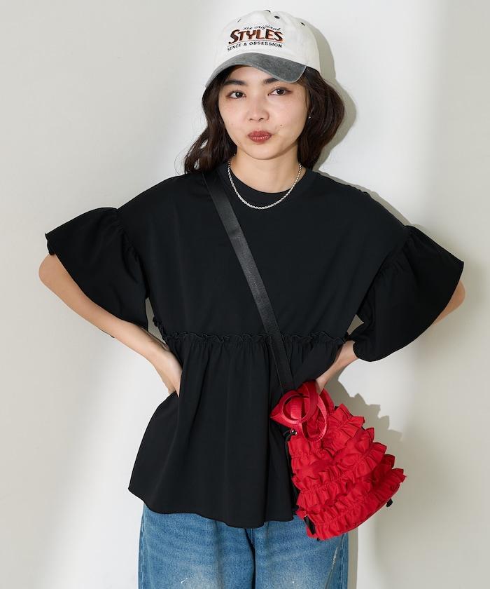 <防紫外線>多功能袖口荷葉邊短袖T恤/功能性材料拼接T恤