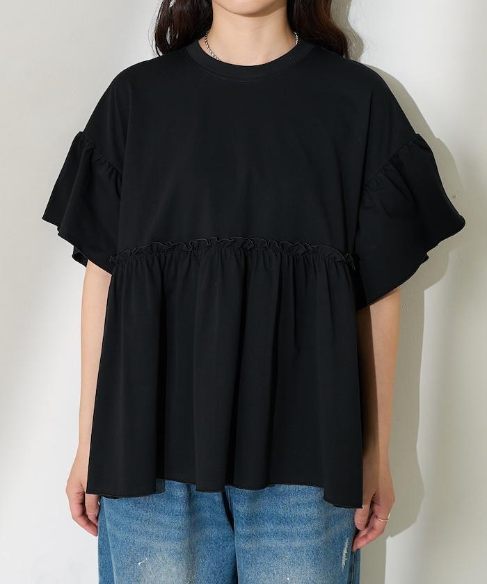 <防紫外線>多功能袖口荷葉邊短袖T恤/功能性材料拼接T恤