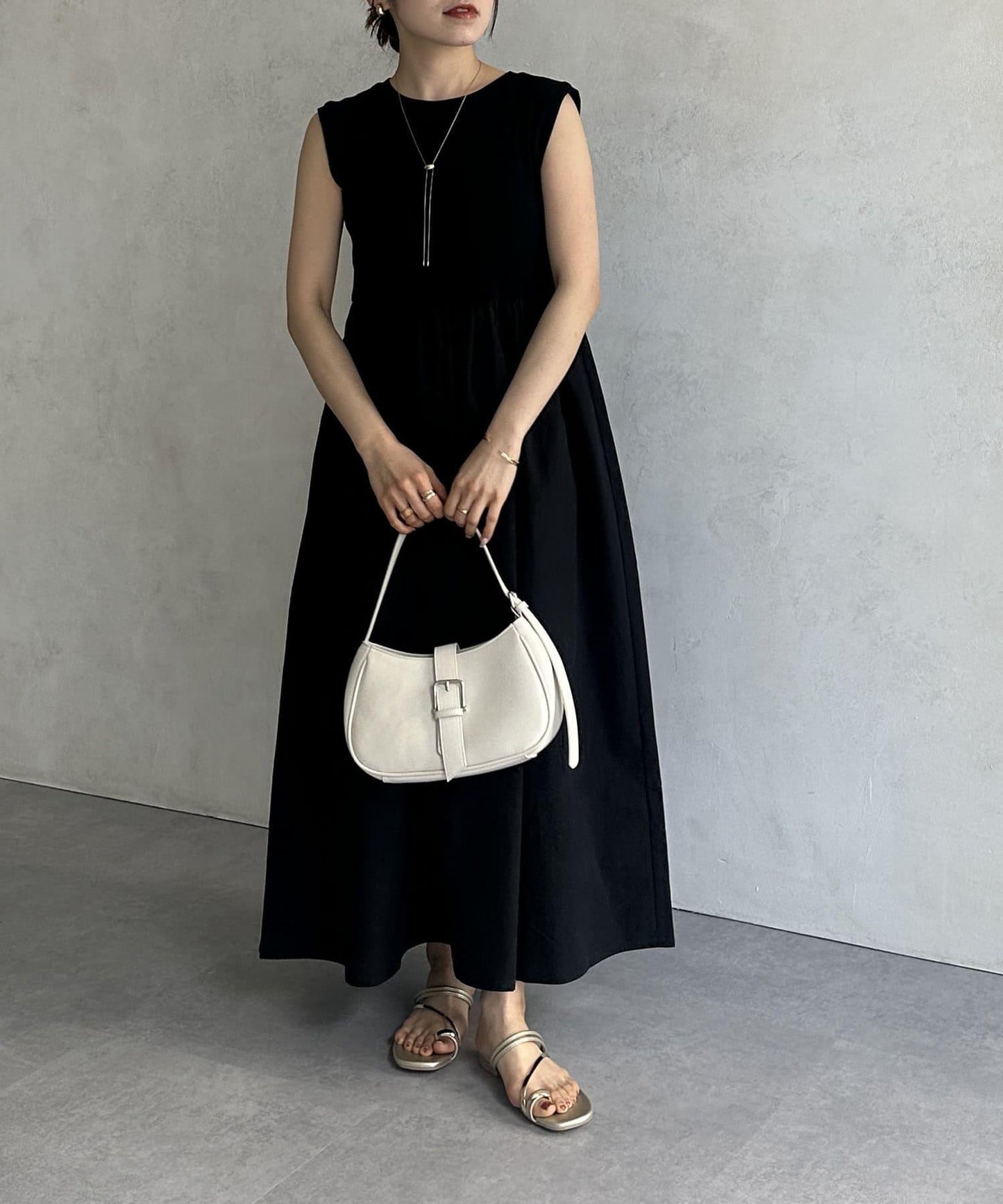 條紋×布料拼接無袖連衣裙