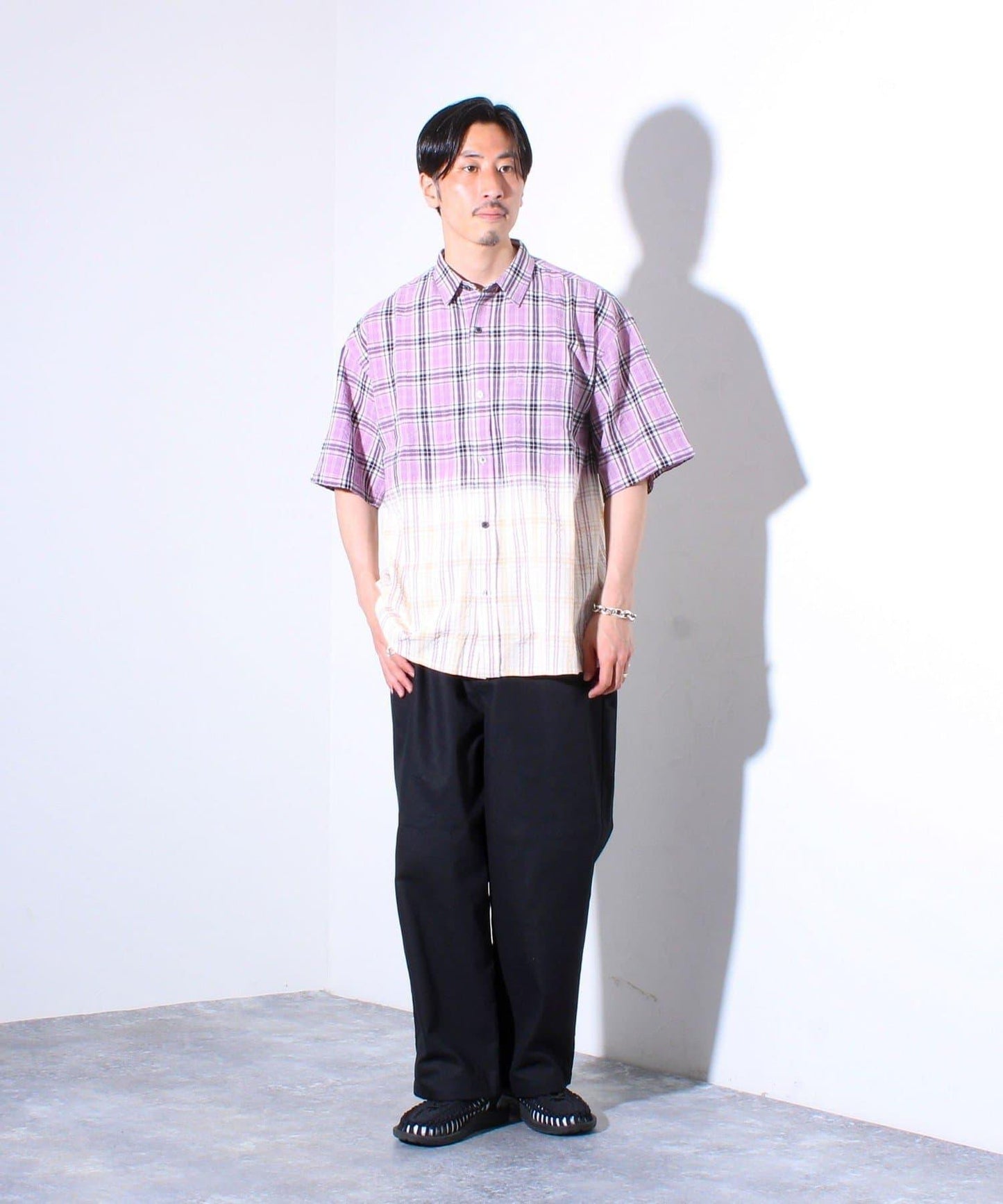 【GLOSTER/格洛斯特】絞染 半半式 半袖格子襯衫