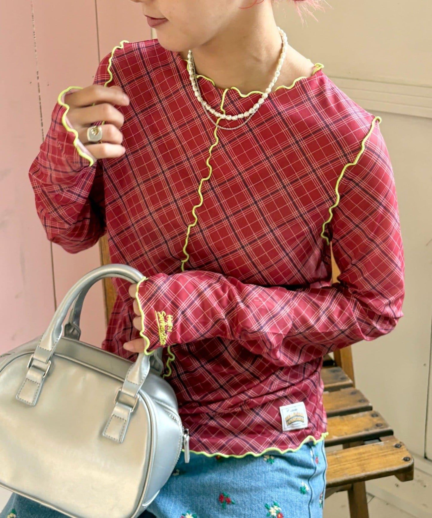 【HELLO.SANFRANCISCO】格紋蕾絲網紗上衣