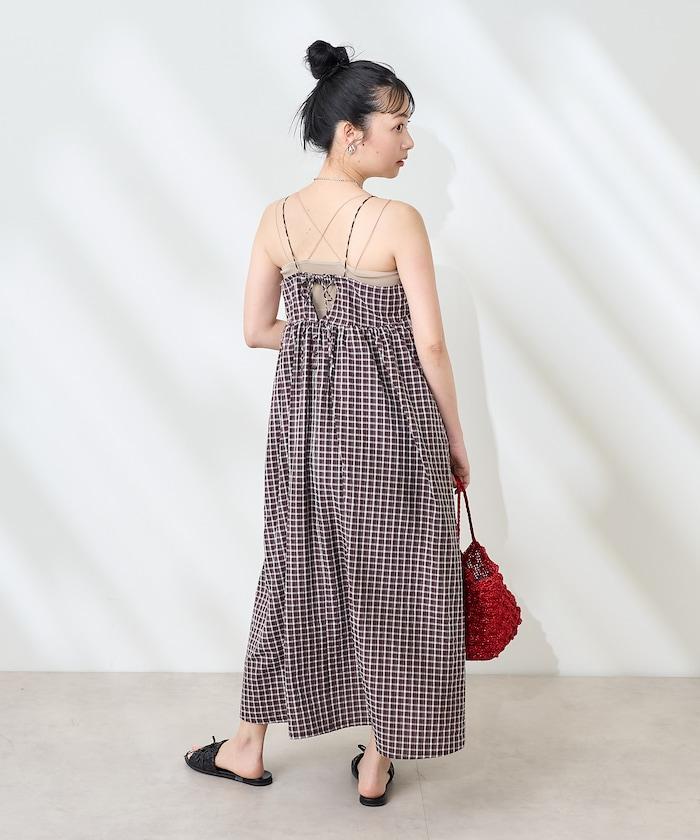 後腰絲帶 夏季格子 揹帶連衣裙