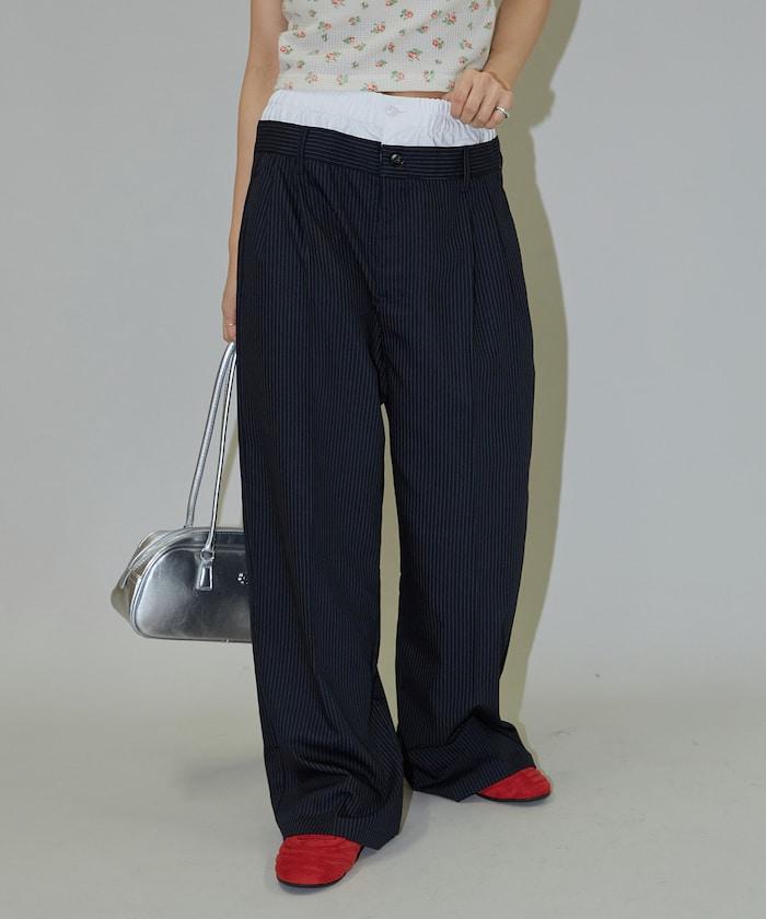 細條紋 雙高腰 雙褶 寬鬆褲