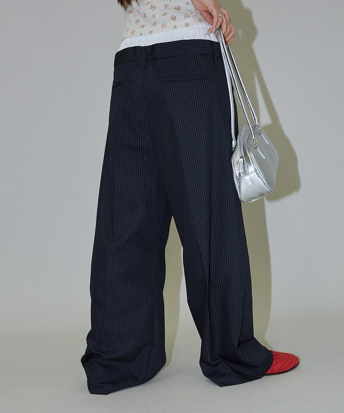 細條紋 雙高腰 雙褶 寬鬆褲