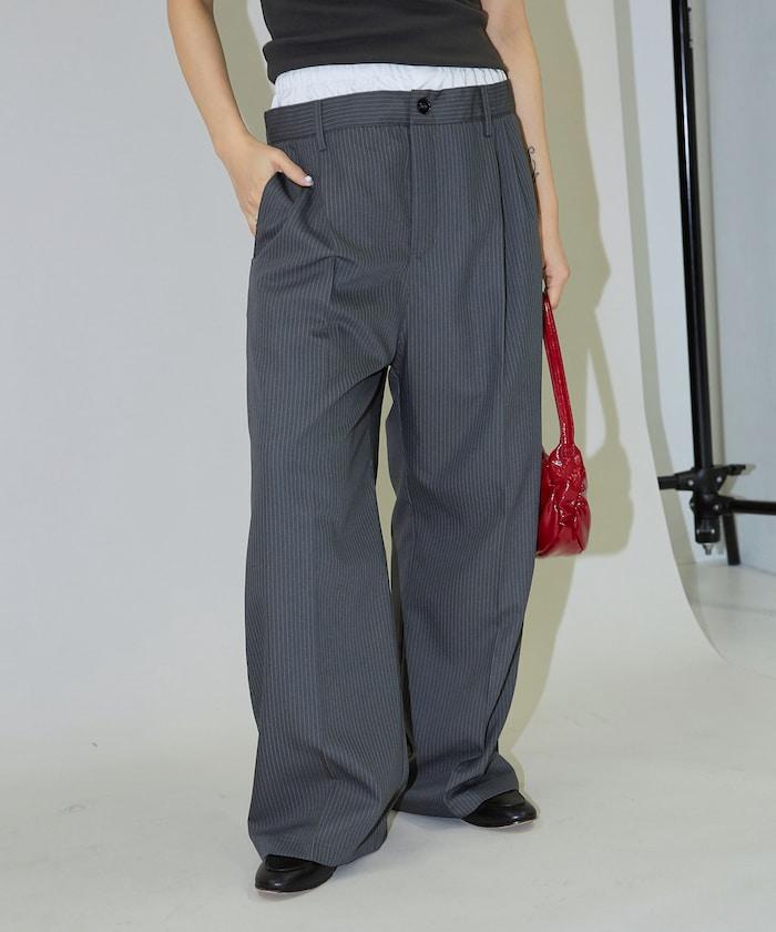 細條紋 雙高腰 雙褶 寬鬆褲