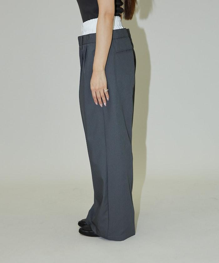 細條紋 雙高腰 雙褶 寬鬆褲