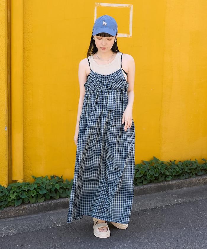 後腰絲帶 夏季格子 揹帶連衣裙