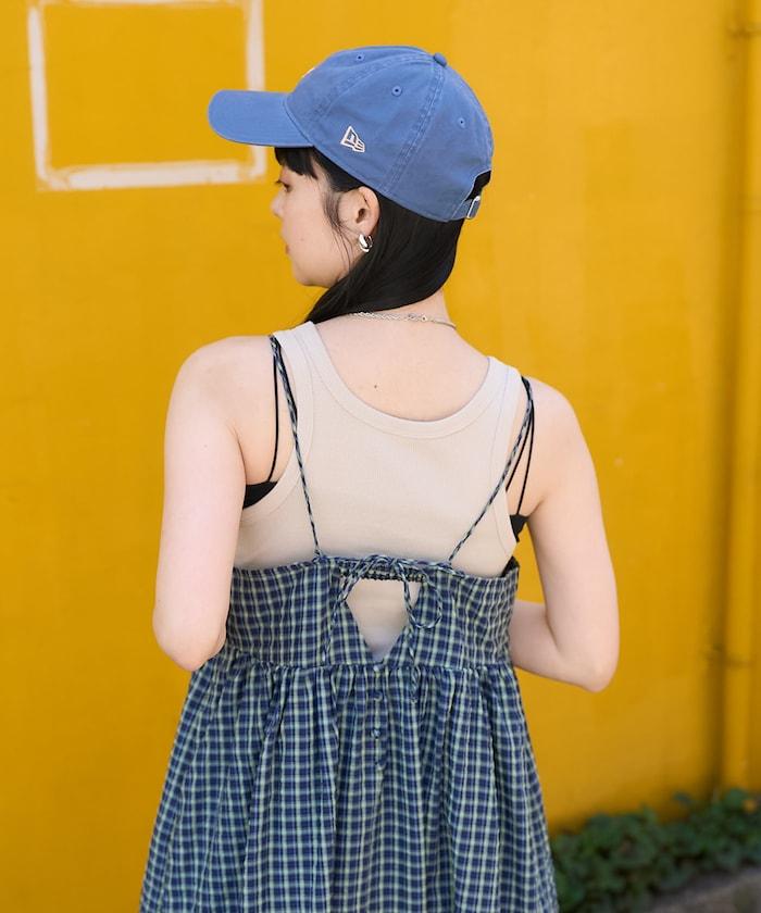後腰絲帶 夏季格子 揹帶連衣裙