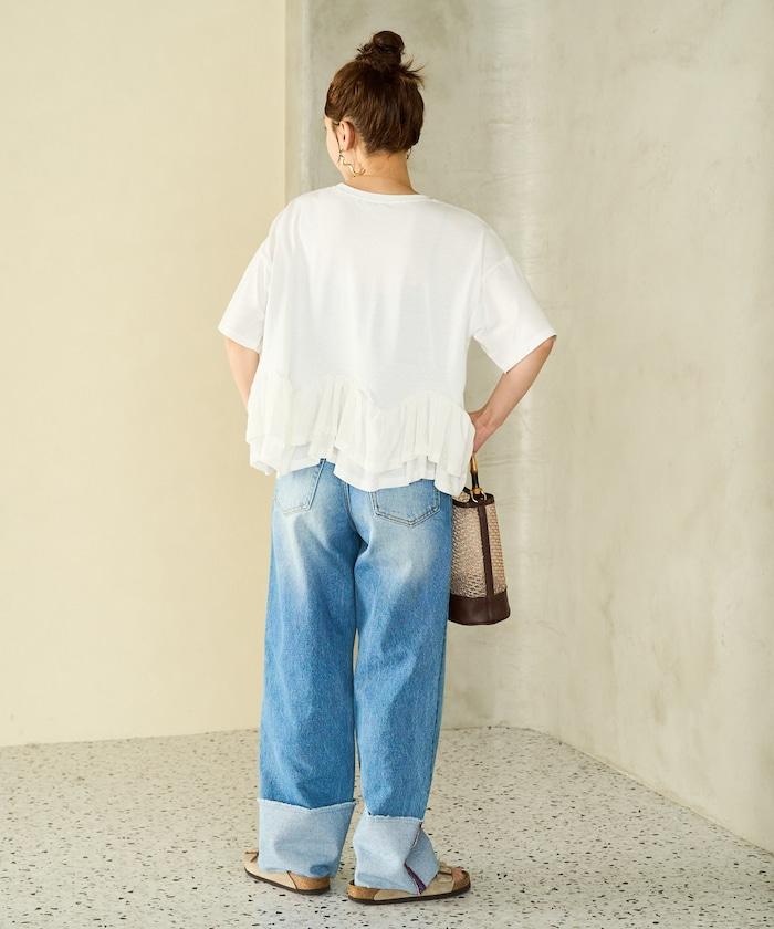 下襬透明絨邊荷葉邊拼接上衣