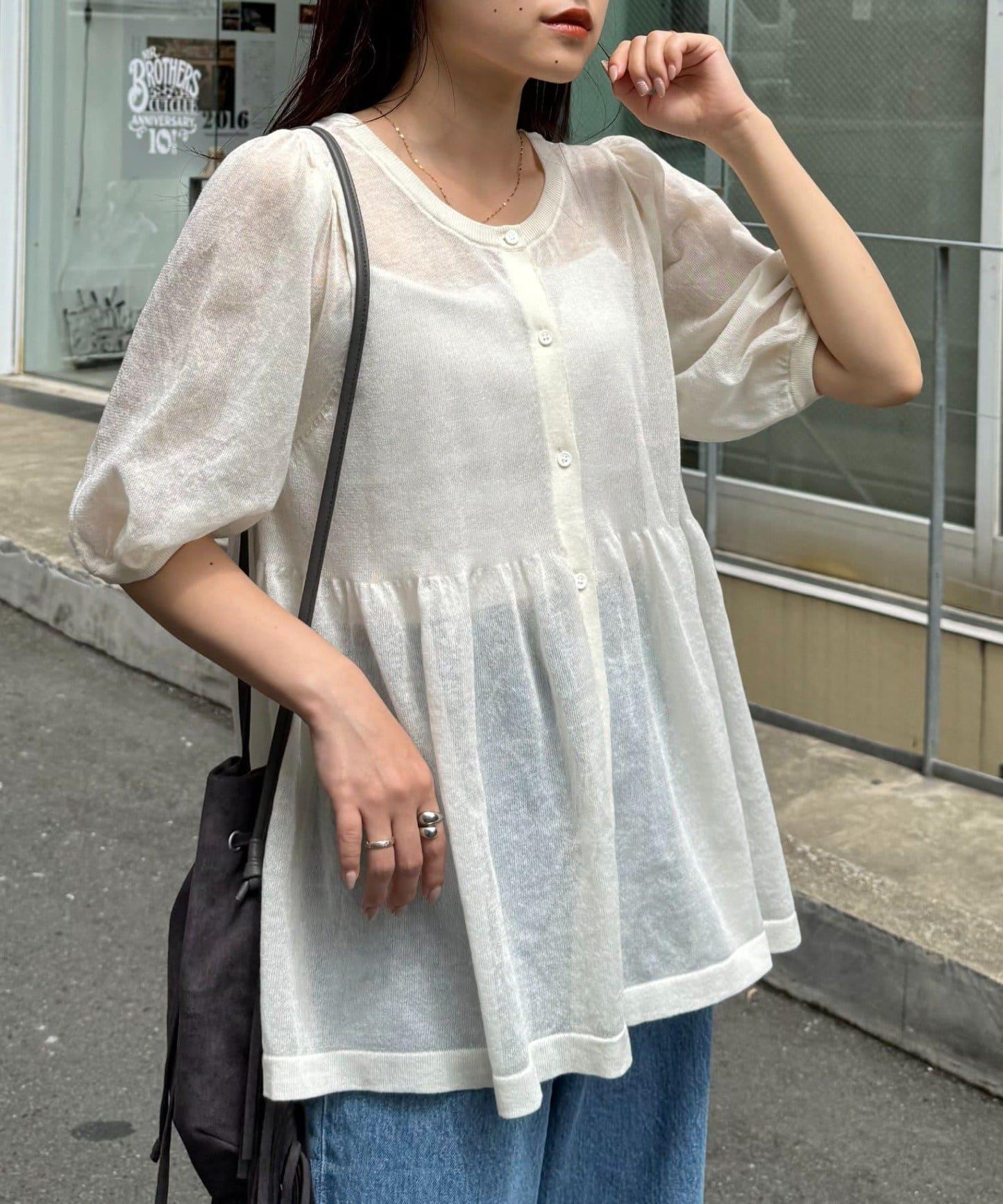 【柳】2WAY透視荷葉邊泡泡袖針織衫