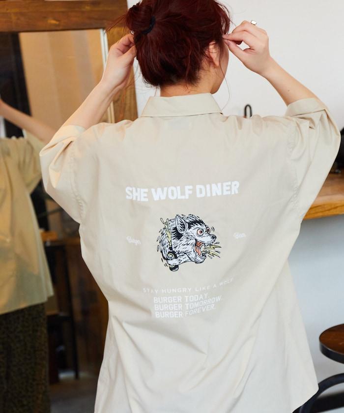 SHE WOLF DINER×FREAK'S STORE/海狼餐廳 寬鬆設計 刺繡 短袖 襯衫