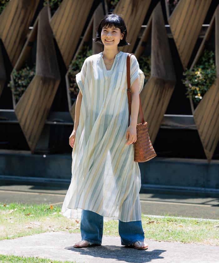 印度棉褶皺亨利領連衣裙