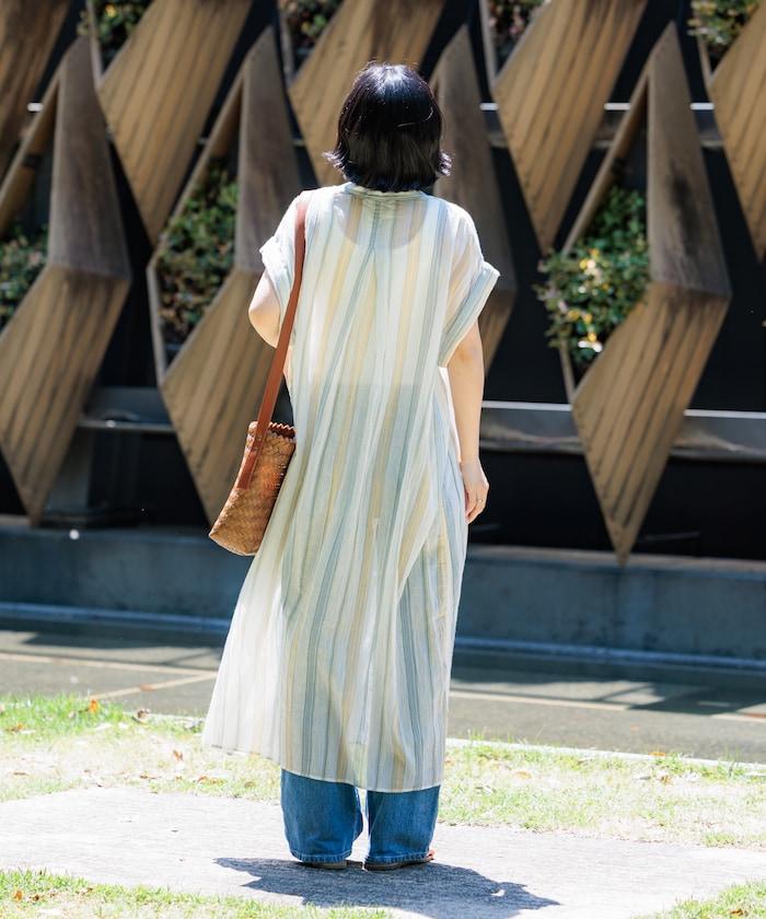 印度棉褶皺亨利領連衣裙