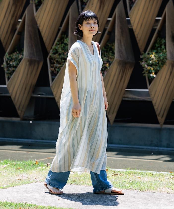 印度棉褶皺亨利領連衣裙