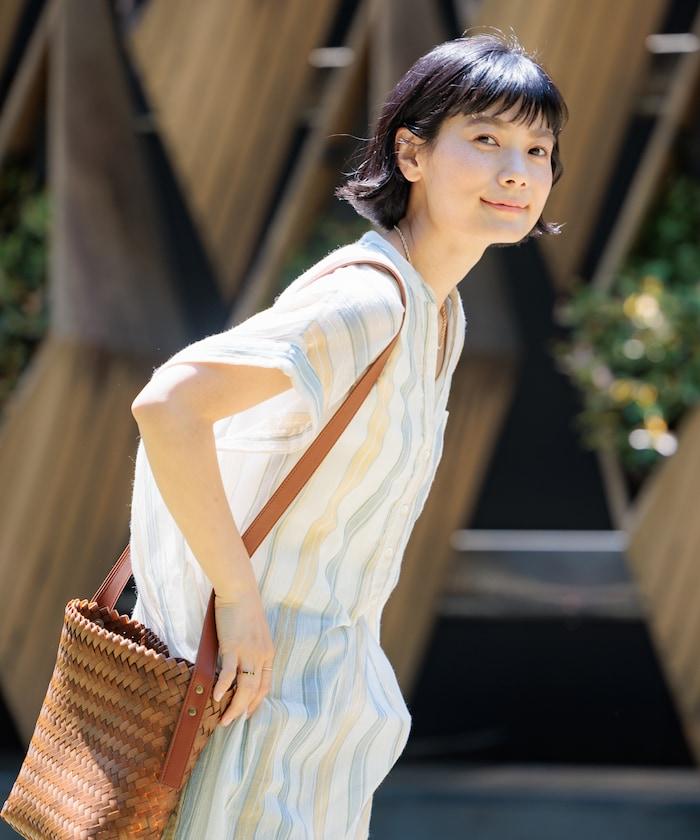 印度棉褶皺亨利領連衣裙