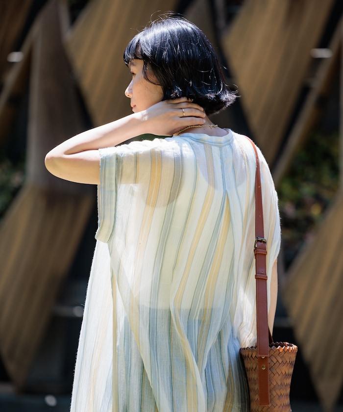 印度棉褶皺亨利領連衣裙